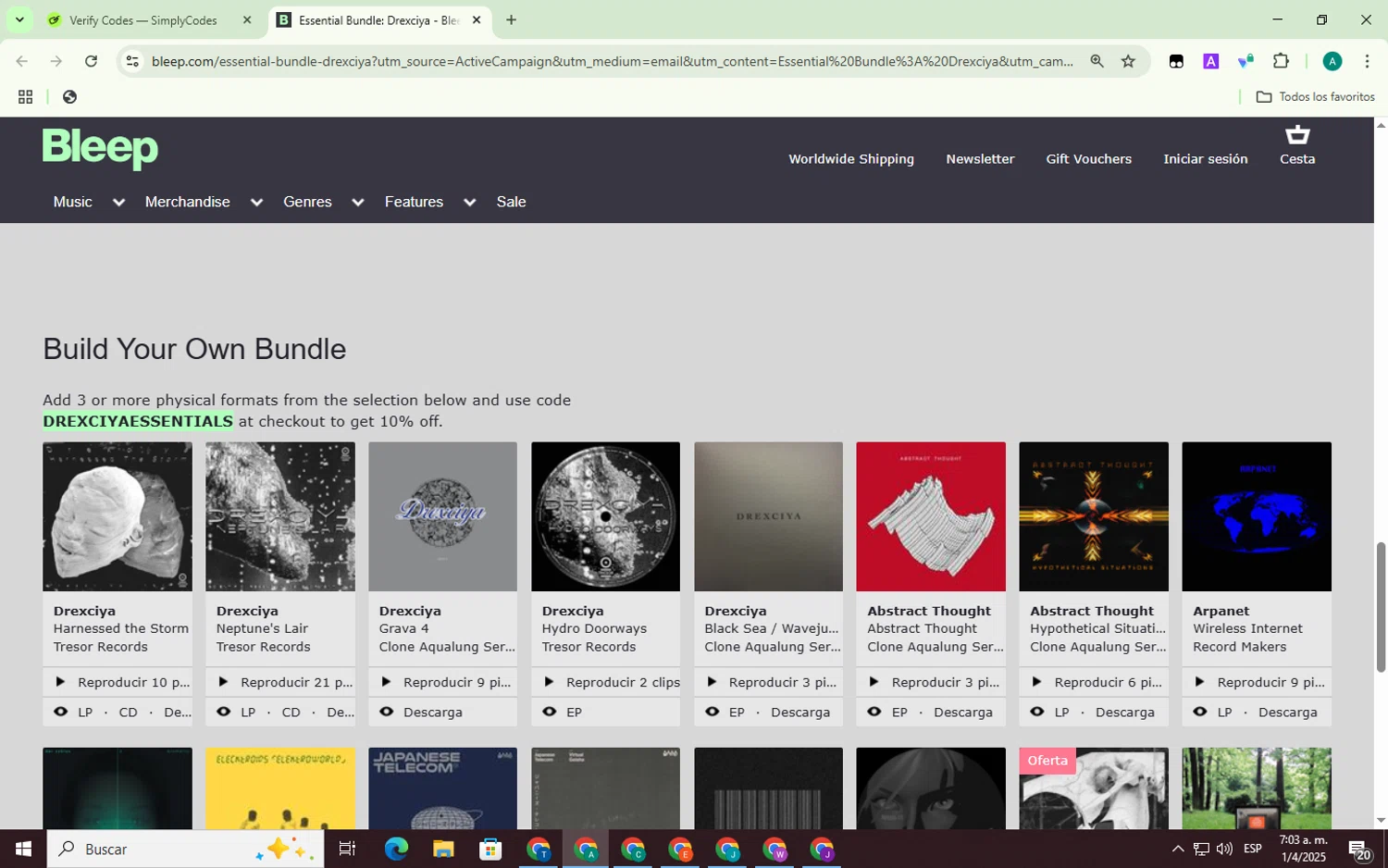 Bleep promo code screenshot showing code DREXCIYAESSENTIALS applied at Bleep checkout page. Uploaded by SimplyCodes community member ThriftyMaverick3223 on Apr 1, 2025