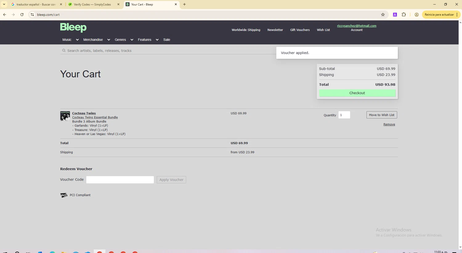 Bleep promo code screenshot showing code COCTEAUESSENTIALS applied at Bleep checkout page. Uploaded by SimplyCodes community member ScanGenius949 on Jul 22, 2025