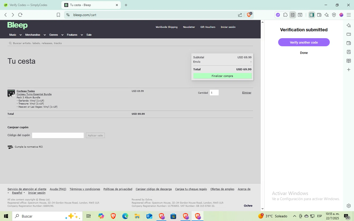 Bleep promo code screenshot showing code POLEESSENTIALS applied at Bleep checkout page. Uploaded by SimplyCodes community member Puta_madre10 on Jul 22, 2025