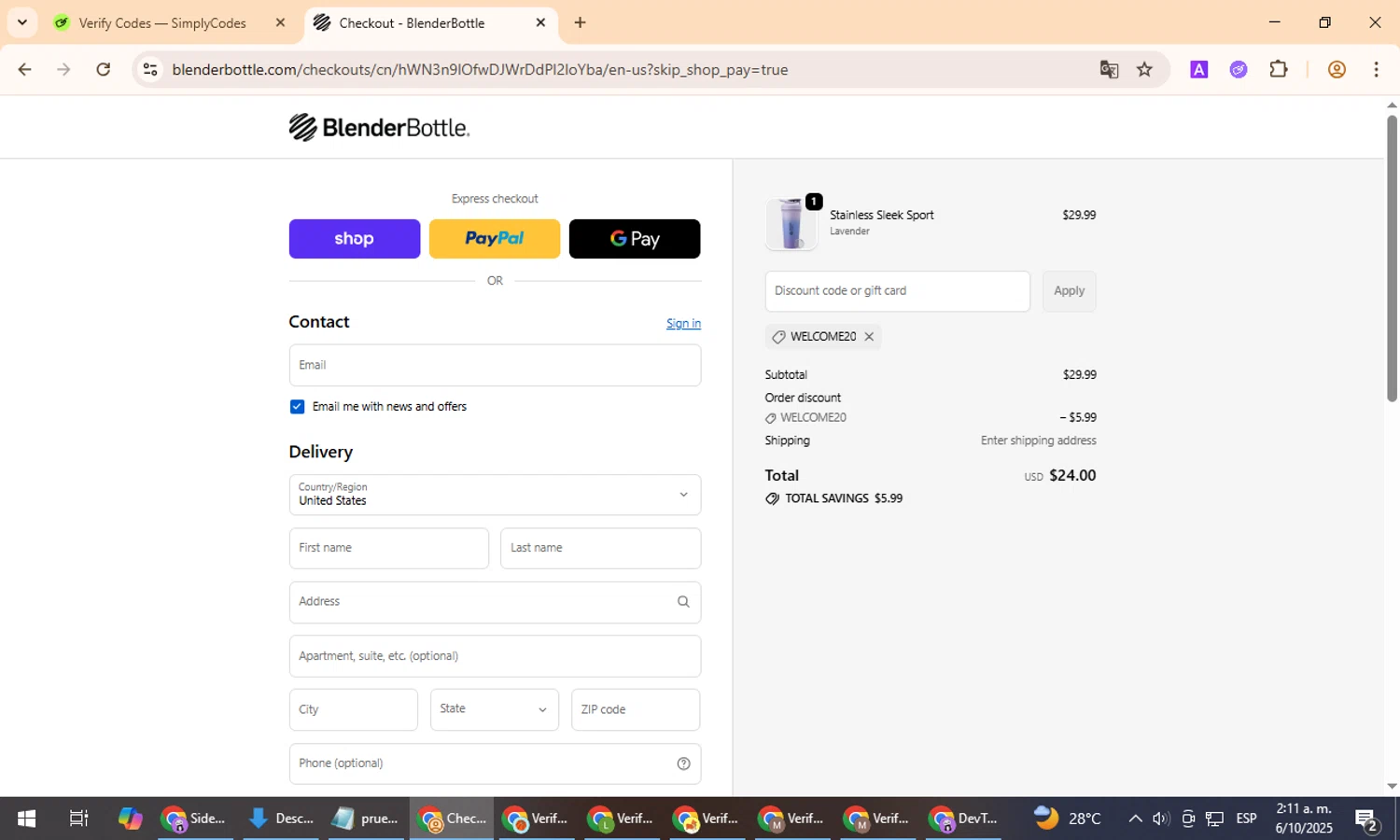 BlenderBottle discount code screenshot showing code WELCOME20 applied at BlenderBottle checkout page. Uploaded by SimplyCodes community member TreasurePro466 on Oct 6, 2025