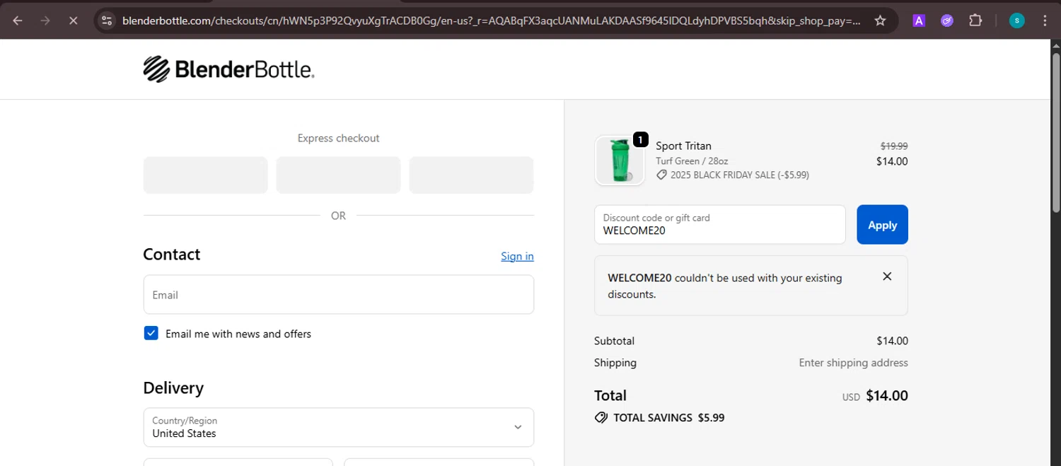 BlenderBottle discount code screenshot showing code WELCOME20 applied at BlenderBottle checkout page. Uploaded by SimplyCodes community member ValiantChaser7723 on Nov 28, 2025