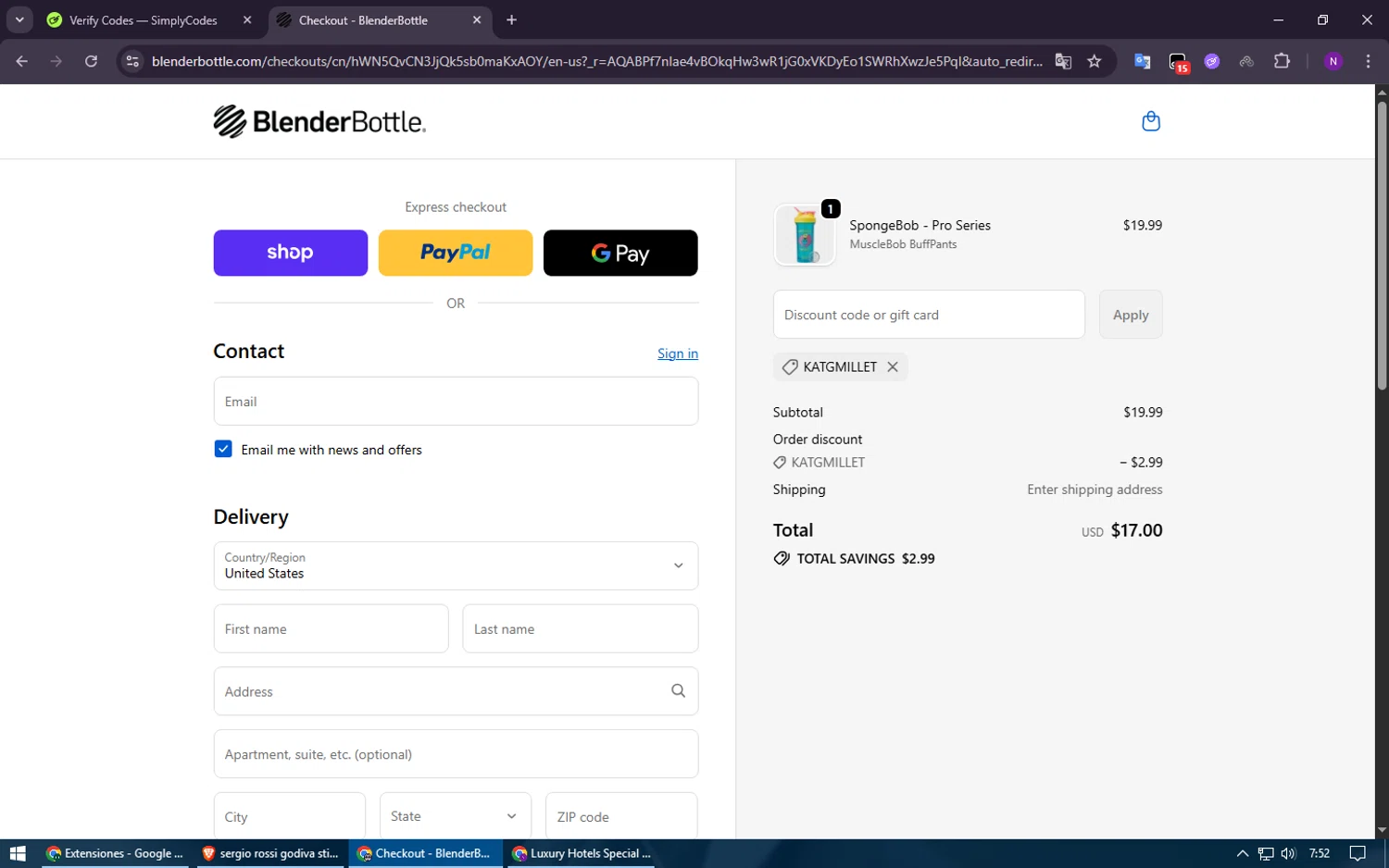 BlenderBottle discount code screenshot showing code KATGMILLET applied at BlenderBottle checkout page. Uploaded by SimplyCodes community member Voucher200 on Nov 18, 2025