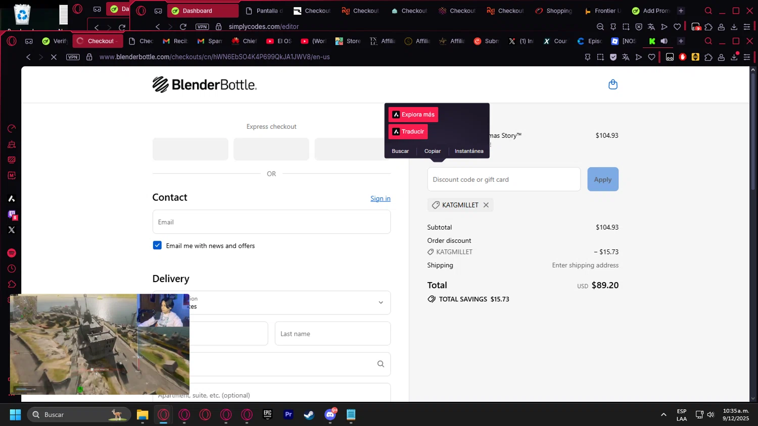 BlenderBottle discount code screenshot showing code KATGMILLET applied at BlenderBottle checkout page. Uploaded by SimplyCodes community member kurcovein on Dec 9, 2025
