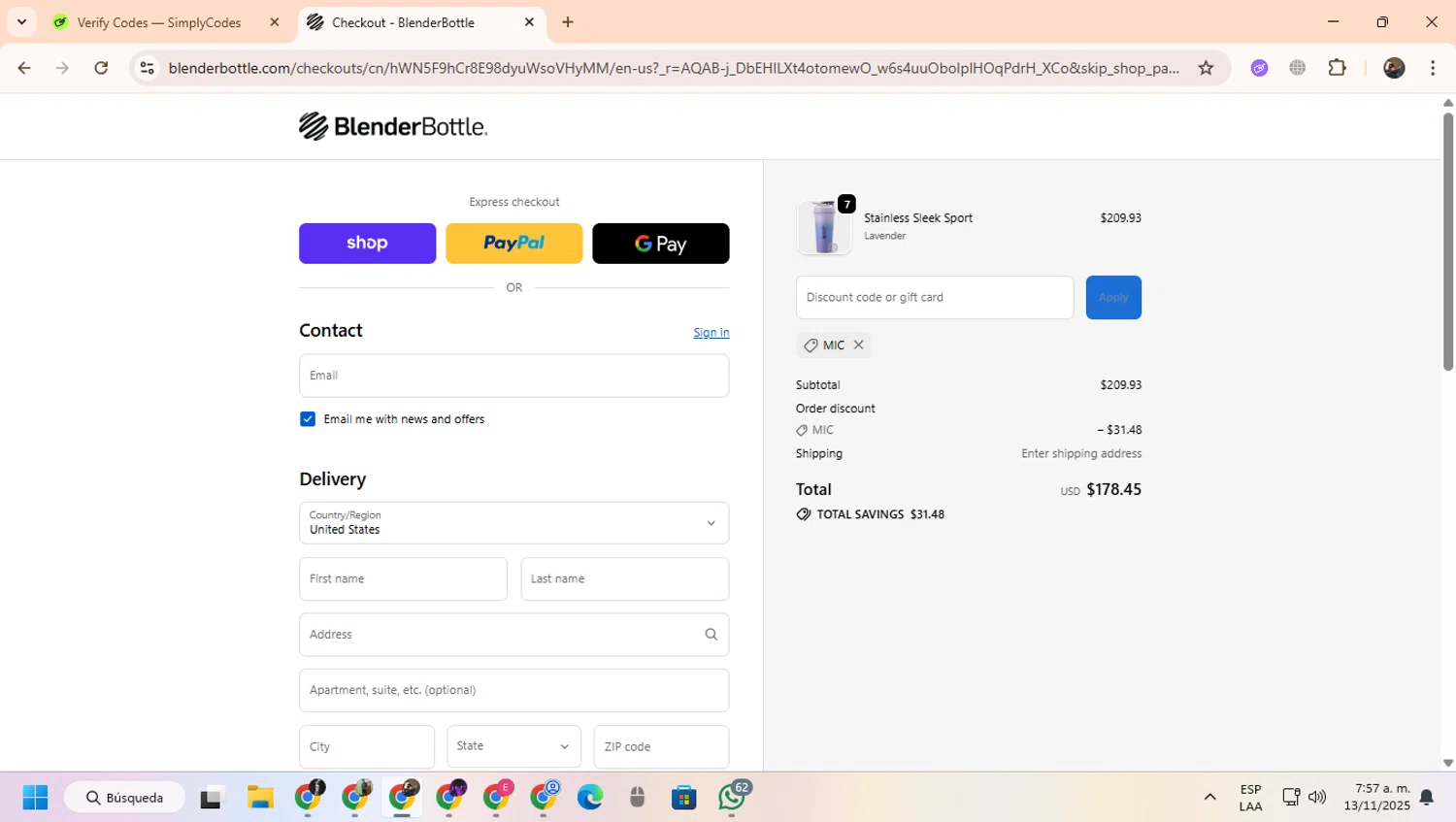 BlenderBottle discount code screenshot showing code MIC applied at BlenderBottle checkout page. Uploaded by SimplyCodes community member CoinScout855 on Nov 13, 2025