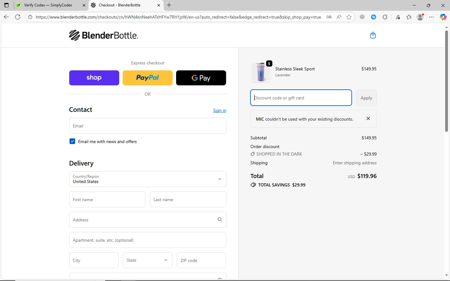 BlenderBottle discount code screenshot showing code MIC applied at BlenderBottle checkout page. Uploaded by SimplyCodes community member jechtff10 on Oct 31, 2025