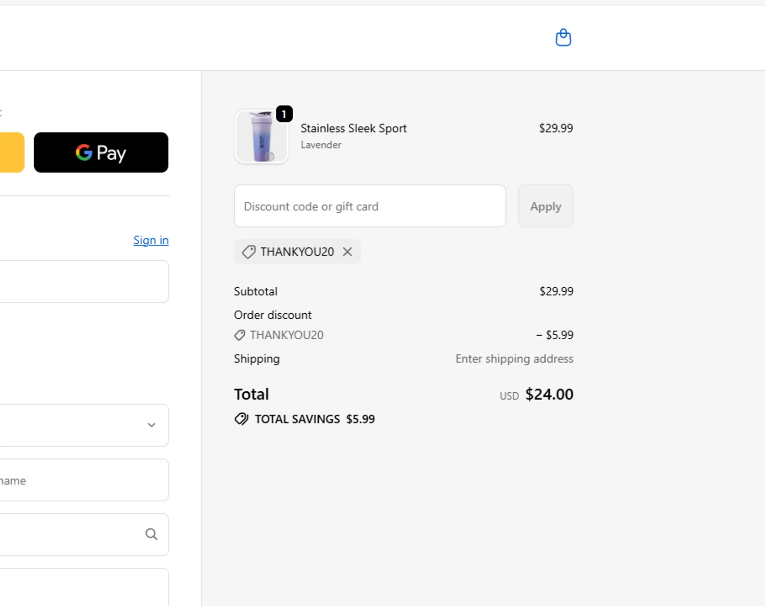 BlenderBottle discount code screenshot showing code THANKYOU20 applied at BlenderBottle checkout page. Uploaded by SimplyCodes community member Kaizen on Nov 13, 2025