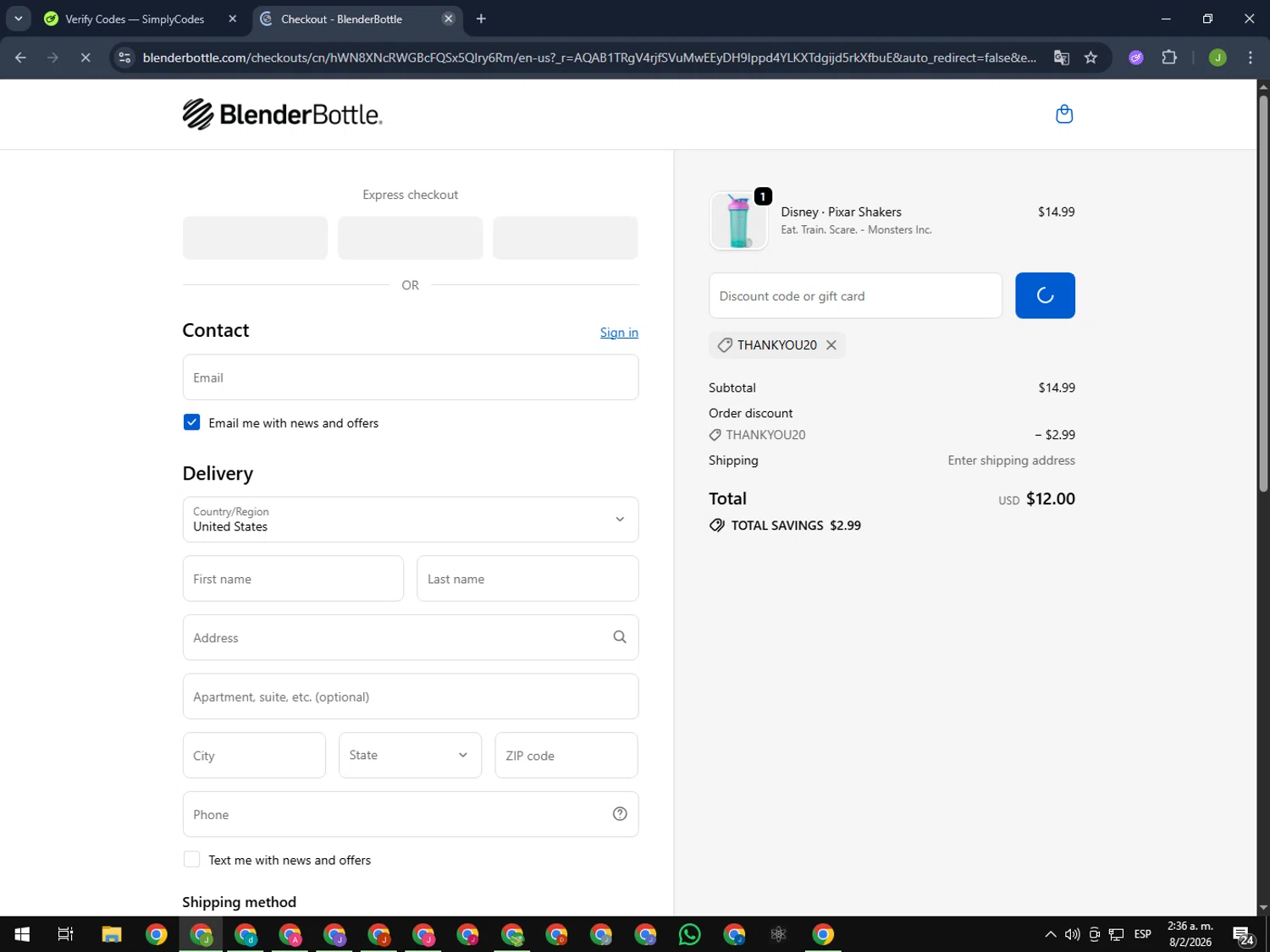 BlenderBottle discount code screenshot showing code THANKYOU20 applied at BlenderBottle checkout page. Uploaded by SimplyCodes community member MightyFinder1041 on Feb 8, 2026