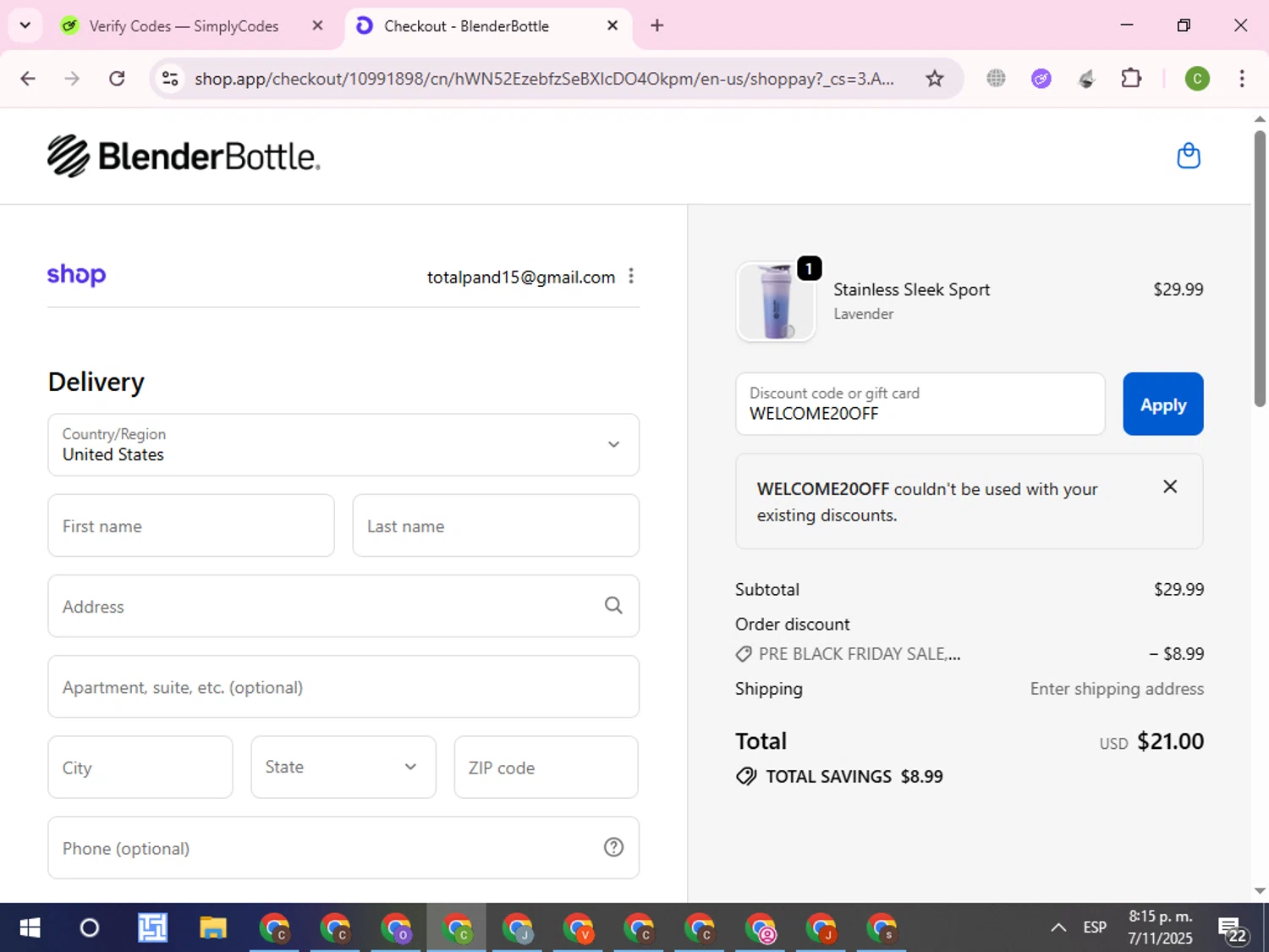 BlenderBottle discount code screenshot showing code WELCOME20OFF applied at BlenderBottle checkout page. Uploaded by SimplyCodes community member RoyalKnight4673 on Nov 8, 2025