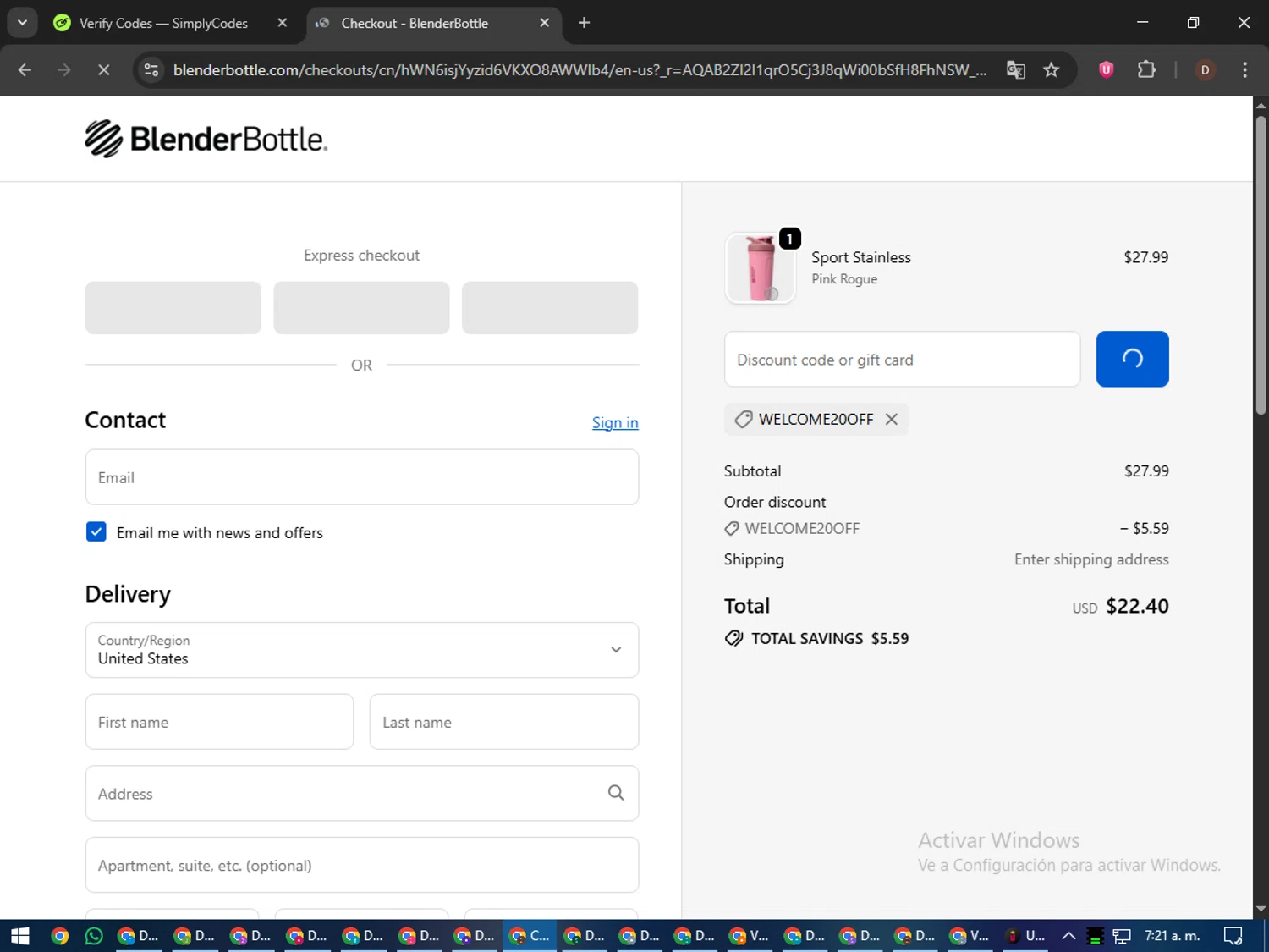 BlenderBottle discount code screenshot showing code WELCOME20OFF applied at BlenderBottle checkout page. Uploaded by SimplyCodes community member liltecca on Dec 22, 2025
