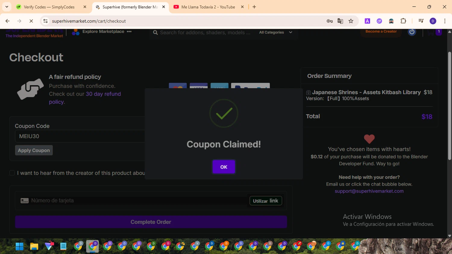 Blender Market discount code screenshot showing code MEIU30 applied at Blender Market checkout page. Uploaded by SimplyCodes community member MagnificentFinder9583 on Jul 13, 2025