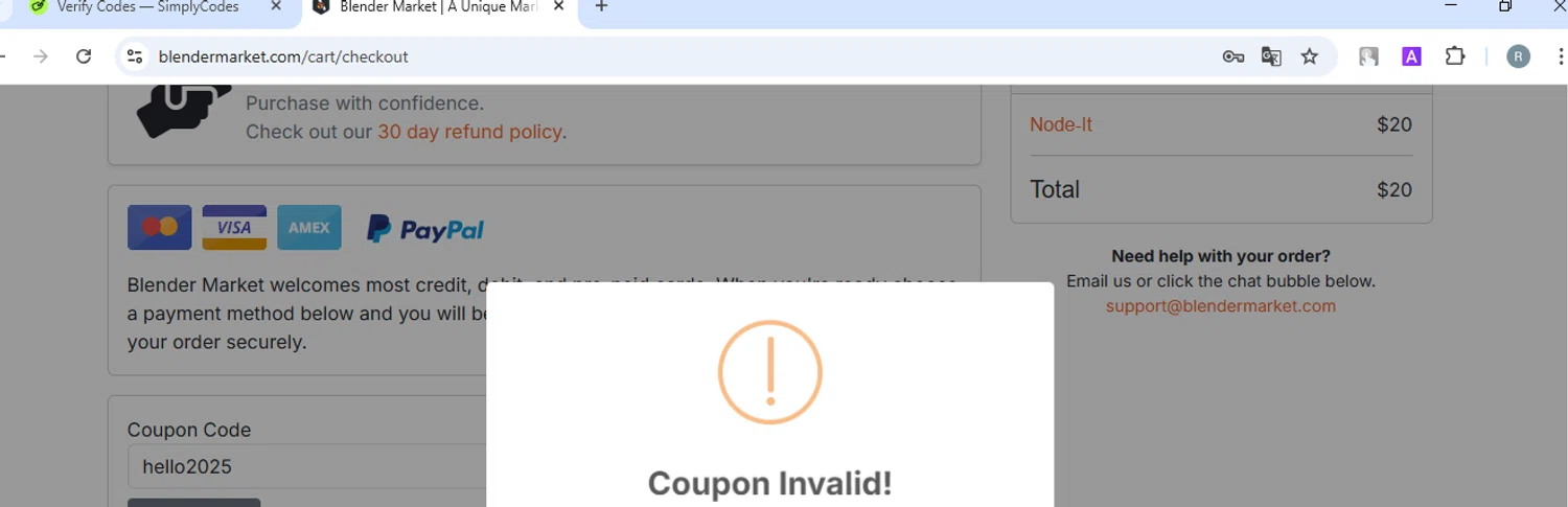 Blender Market discount code screenshot showing code hello2025 applied at Blender Market checkout page. Uploaded by SimplyCodes community member ExtraordinarySleuth3936 on Jan 30, 2025