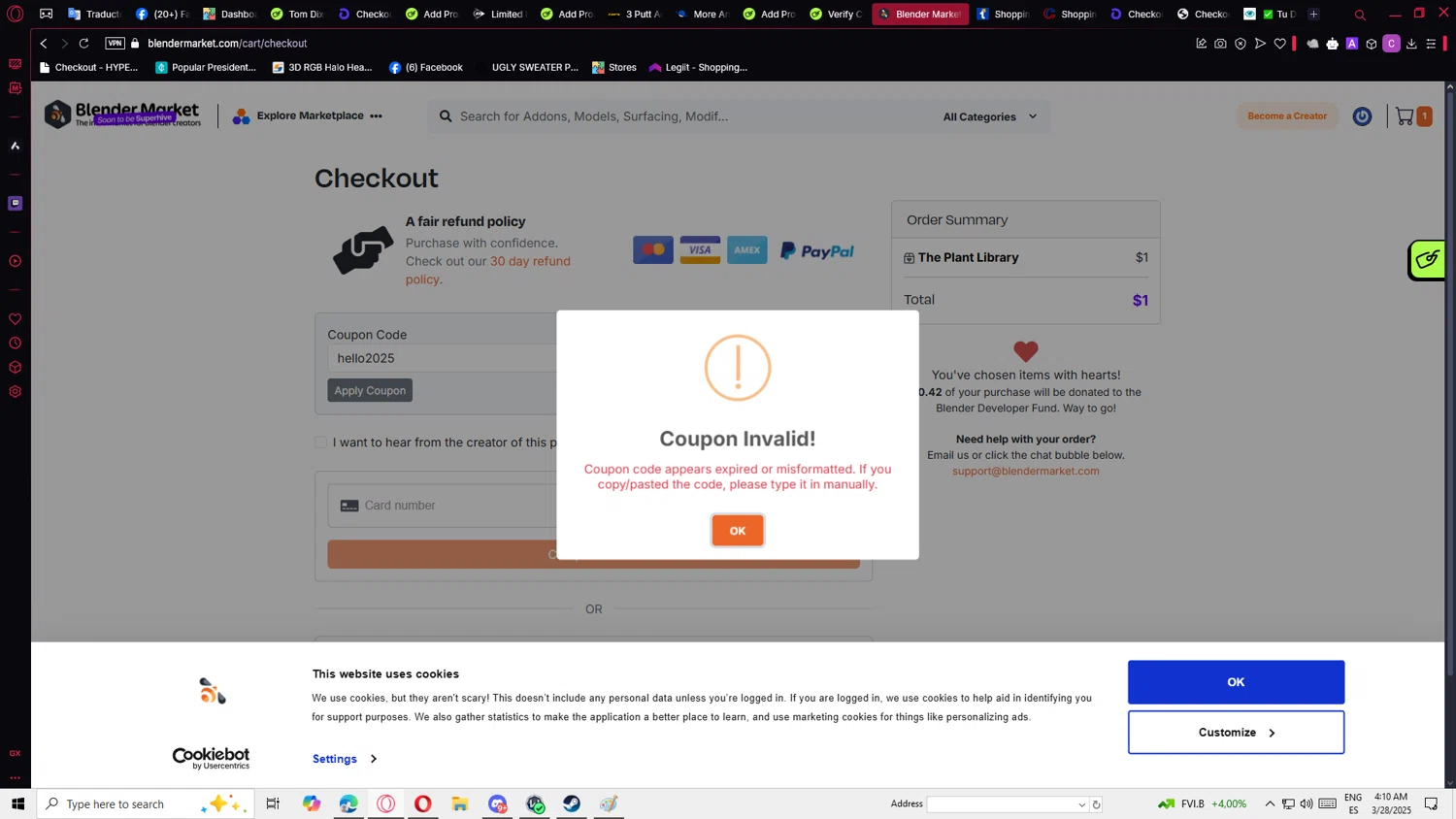 Blender Market discount code screenshot showing code hello2025 applied at Blender Market checkout page. Uploaded by SimplyCodes community member ricardoramirez1 on Mar 28, 2025