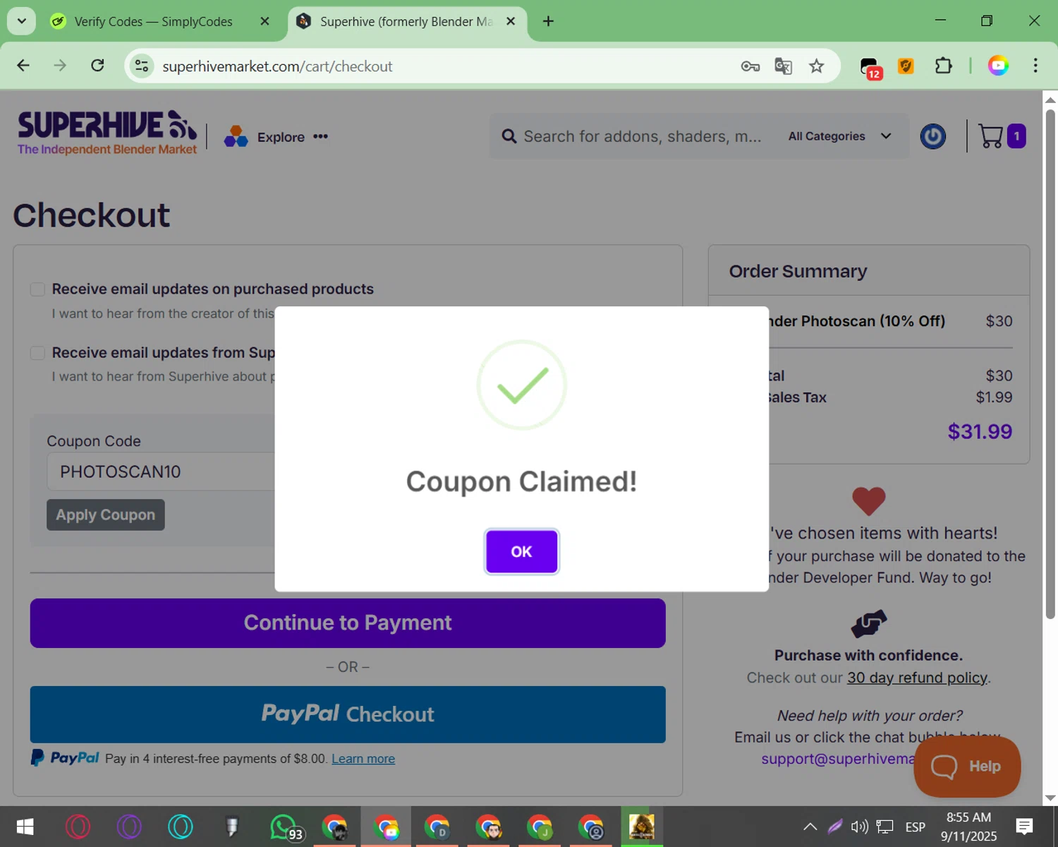 Blender Market checkout page showing Blender Market discount code box | Screenshot taken by SimplyCodes community member on Sep 11, 2025