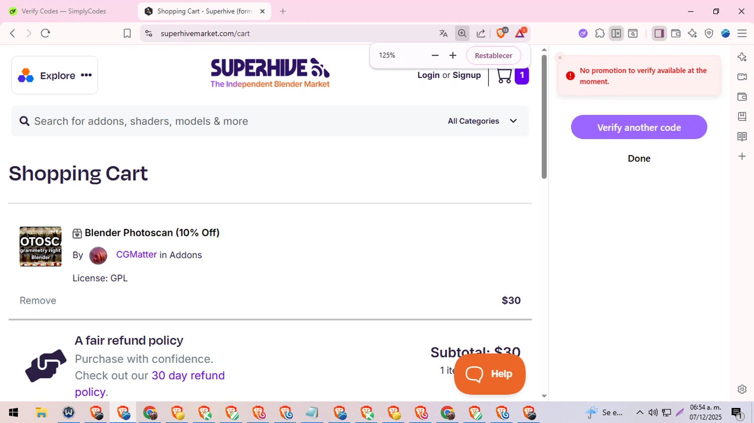 Blender Market discount code screenshot showing code PHOTOSCAN10 applied at Blender Market checkout page. Uploaded by SimplyCodes community member MoneySeeker8573 on Dec 7, 2025