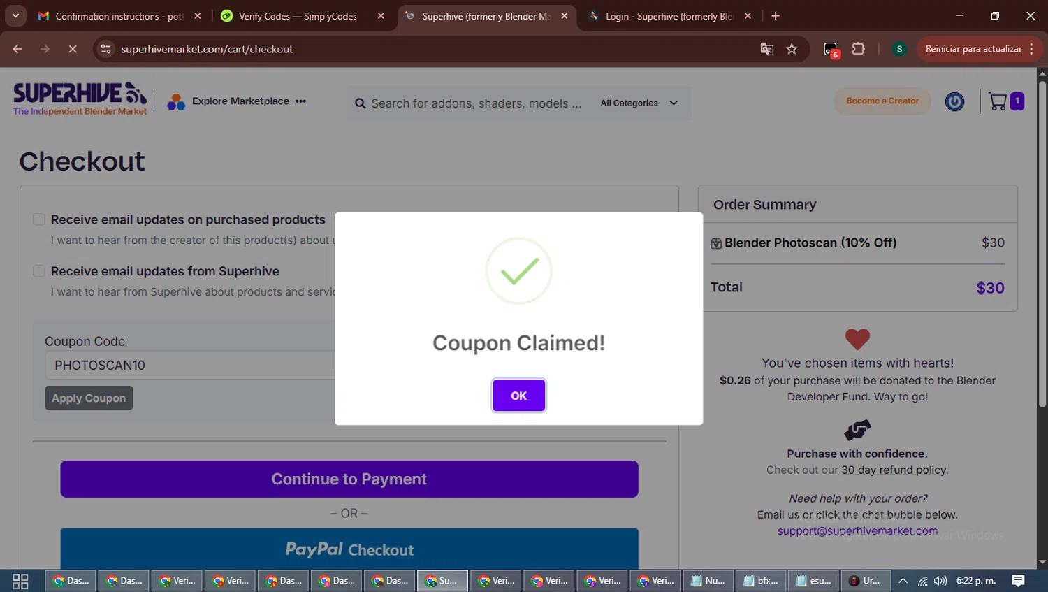 Blender Market discount code screenshot showing code PHOTOSCAN10 applied at Blender Market checkout page. Uploaded by SimplyCodes community member ShrewdAce7935 on Oct 10, 2025