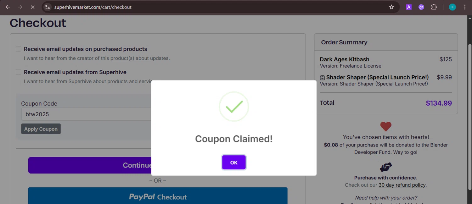 Blender Market checkout page showing Blender Market discount code box | Screenshot taken by SimplyCodes community member on Sep 12, 2025