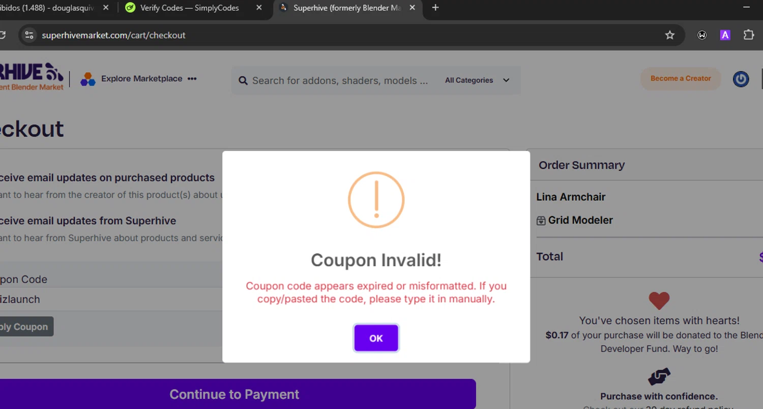 Blender Market discount code screenshot showing code svizlaunch applied at Blender Market checkout page. Uploaded by SimplyCodes community member WiseLegend5590 on Dec 17, 2025