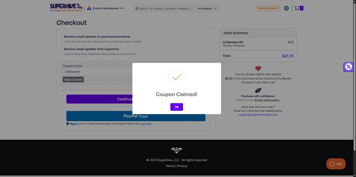 Blender Market discount code screenshot showing code svizlaunch applied at Blender Market checkout page. Uploaded by SimplyCodes community member Depressive on Nov 18, 2025
