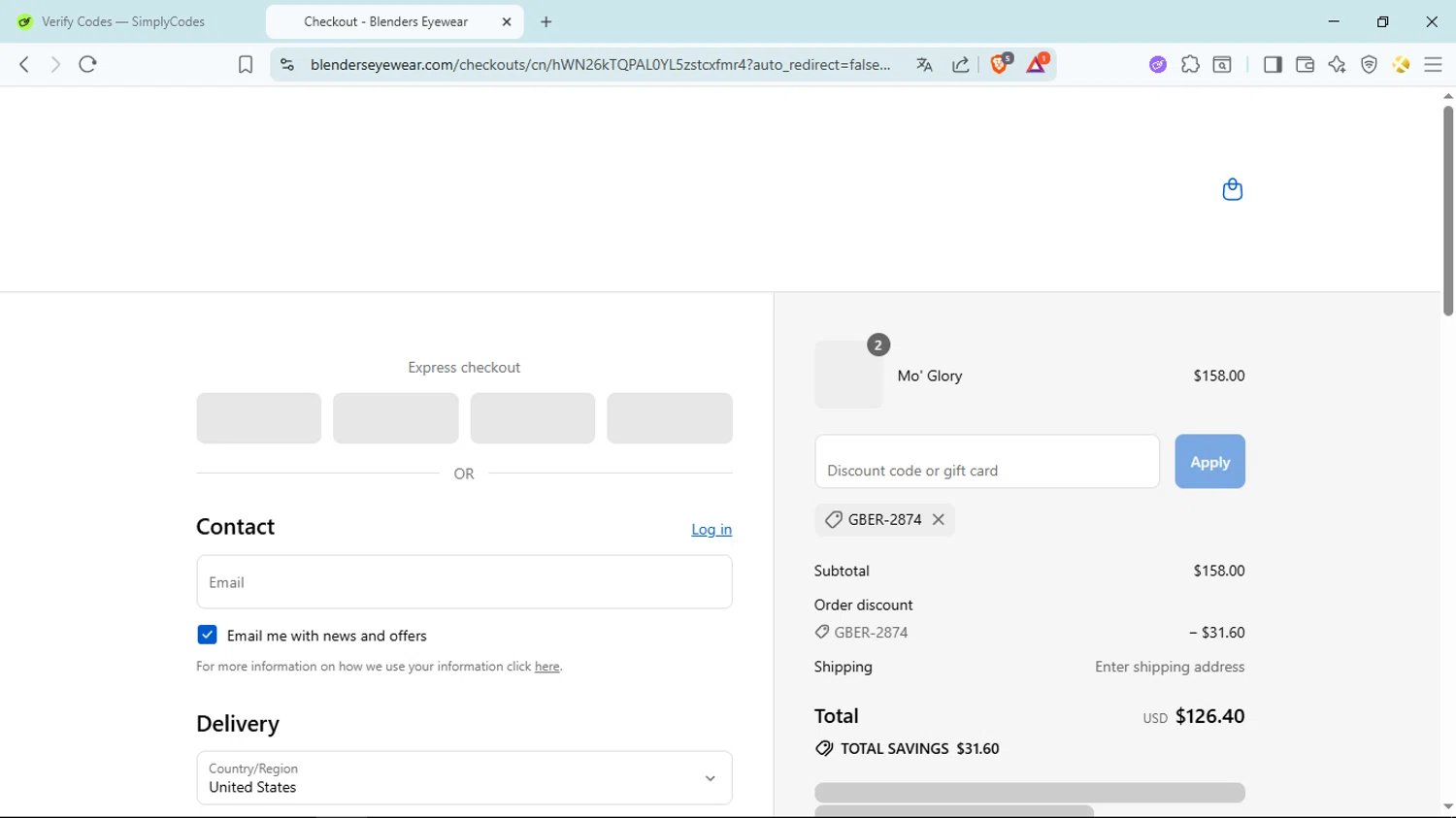 Blenders Eyewear discount code screenshot showing code GBER-2874 applied at Blenders Eyewear checkout page. Uploaded by SimplyCodes community member Ranita_de_agua on Aug 22, 2025
