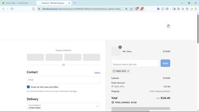 Blenders Eyewear checkout page showing Blenders Eyewear discount code box | Screenshot taken by SimplyCodes community member on Aug 22, 2025