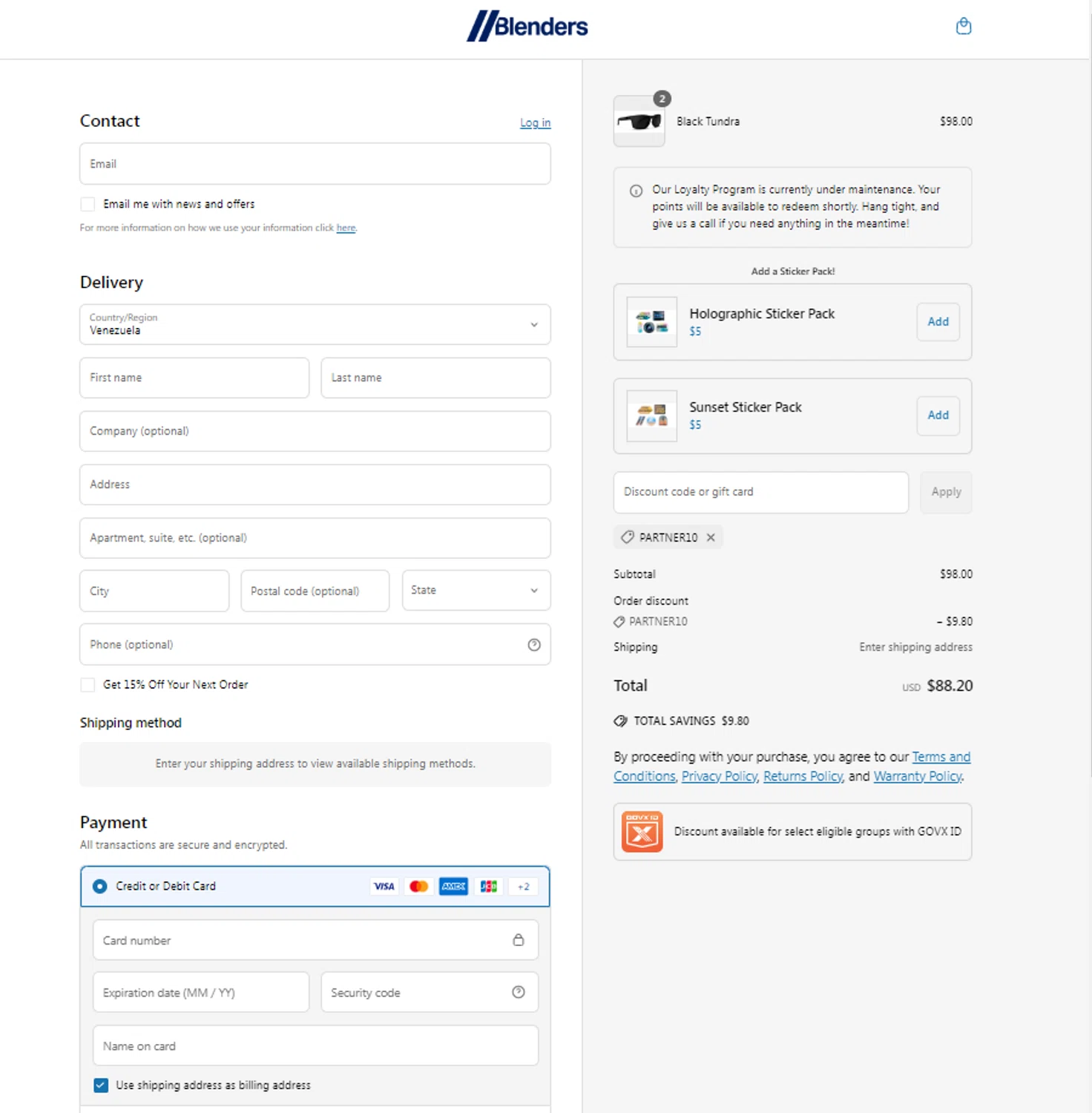 Blenders Eyewear discount code screenshot showing code PARTNER10 applied at Blenders Eyewear checkout page. Uploaded by SimplyCodes community member Noah19 on Apr 7, 2025