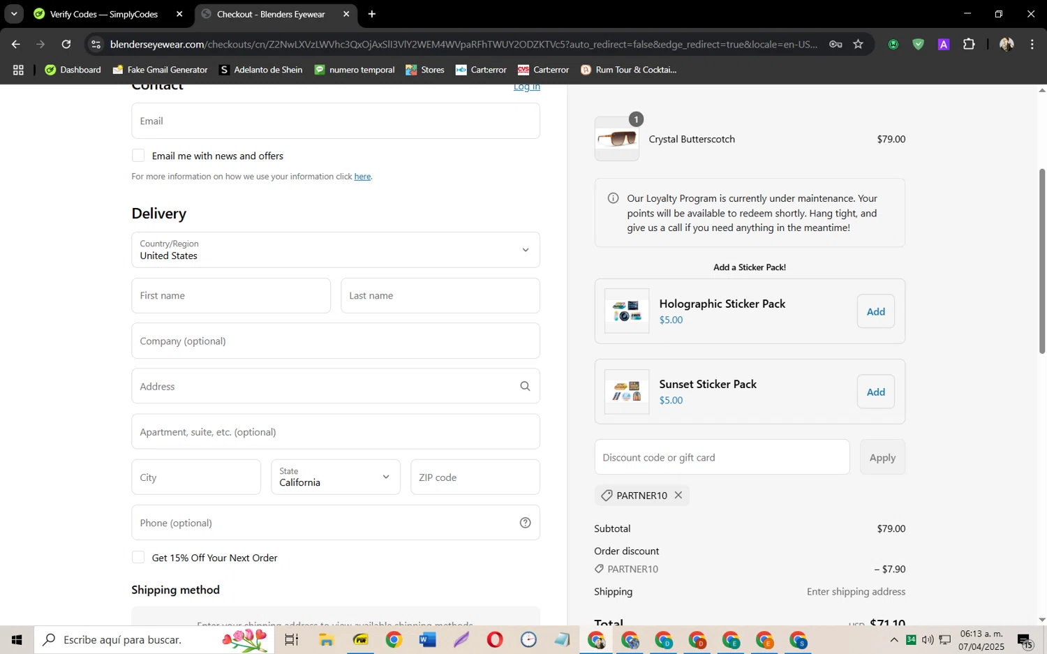 Blenders Eyewear discount code screenshot showing code PARTNER10 applied at Blenders Eyewear checkout page. Uploaded by SimplyCodes community member jeysosmoore on Apr 7, 2025
