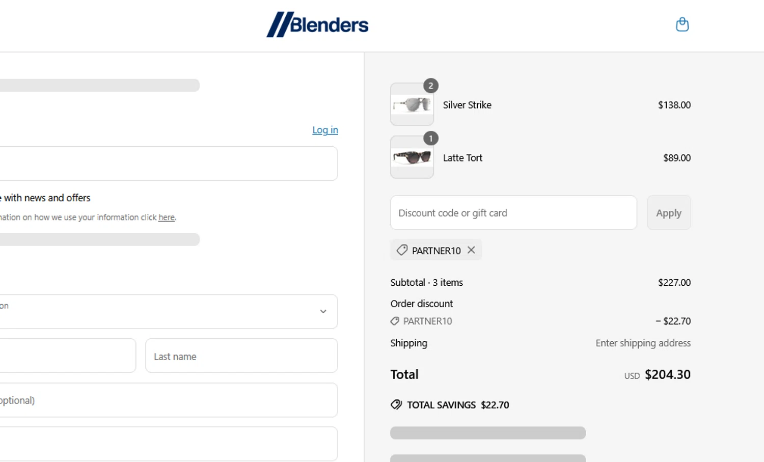 Blenders Eyewear discount code screenshot showing code PARTNER10 applied at Blenders Eyewear checkout page. Uploaded by SimplyCodes community member BLUEBLASTOISE on May 28, 2025