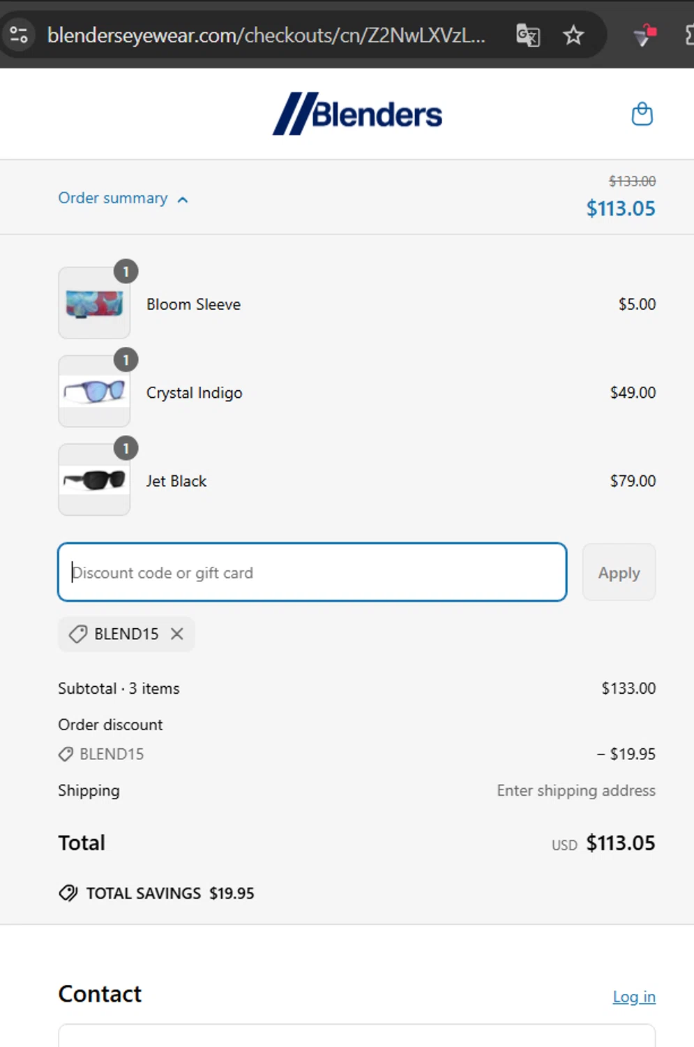 Blenders Eyewear discount code screenshot showing code Blend15 applied at Blenders Eyewear checkout page. Uploaded by SimplyCodes community member TheYeffry on Apr 15, 2025
