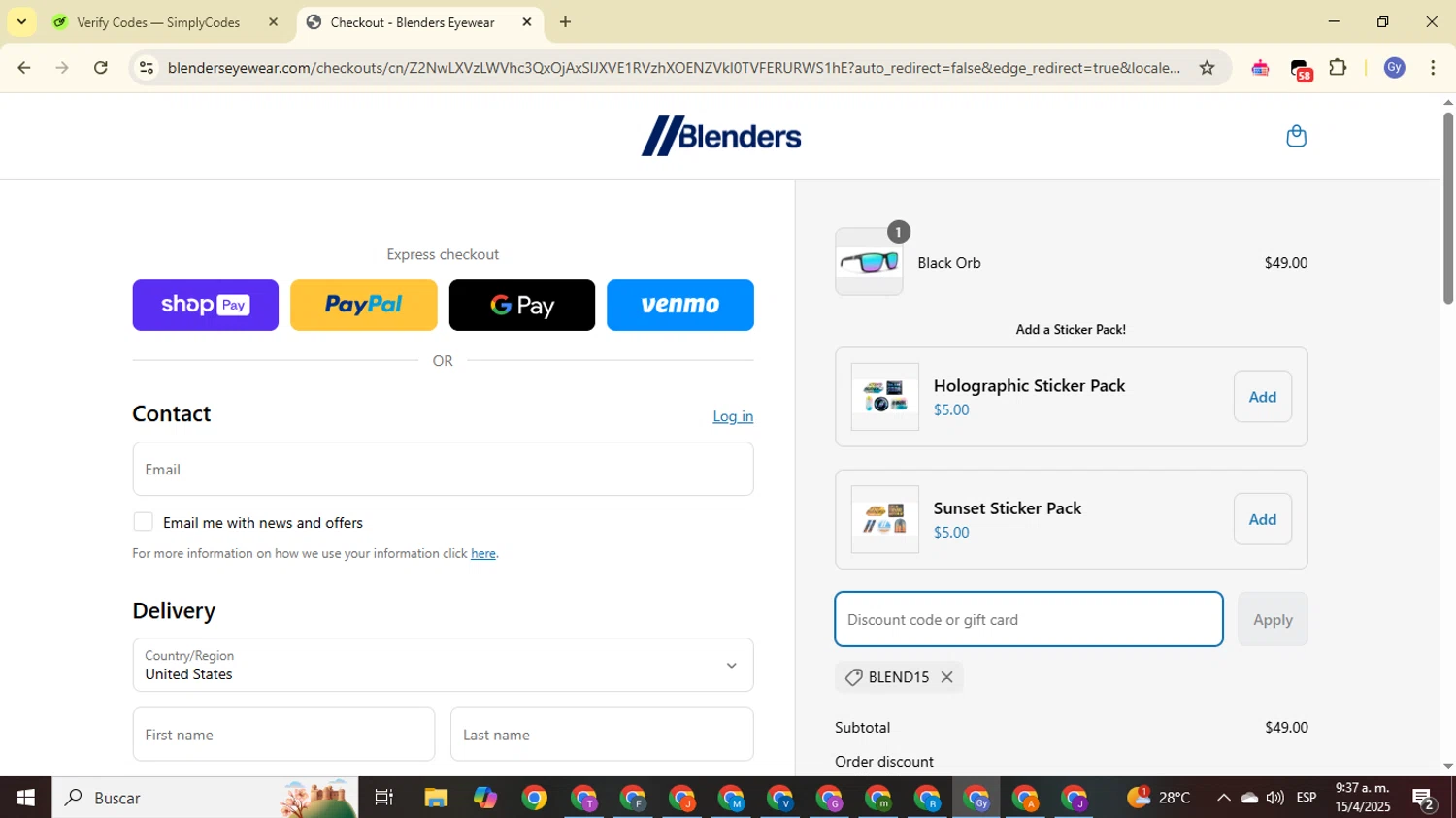 Blenders Eyewear discount code screenshot showing code Blend15 applied at Blenders Eyewear checkout page. Uploaded by SimplyCodes community member FrugalOwl962 on Apr 15, 2025