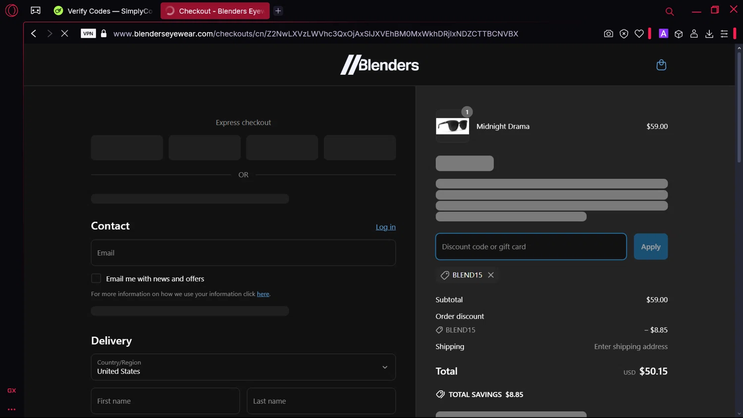 Blenders Eyewear discount code screenshot showing code Blend15 applied at Blenders Eyewear checkout page. Uploaded by SimplyCodes community member lesliechaow on Apr 15, 2025