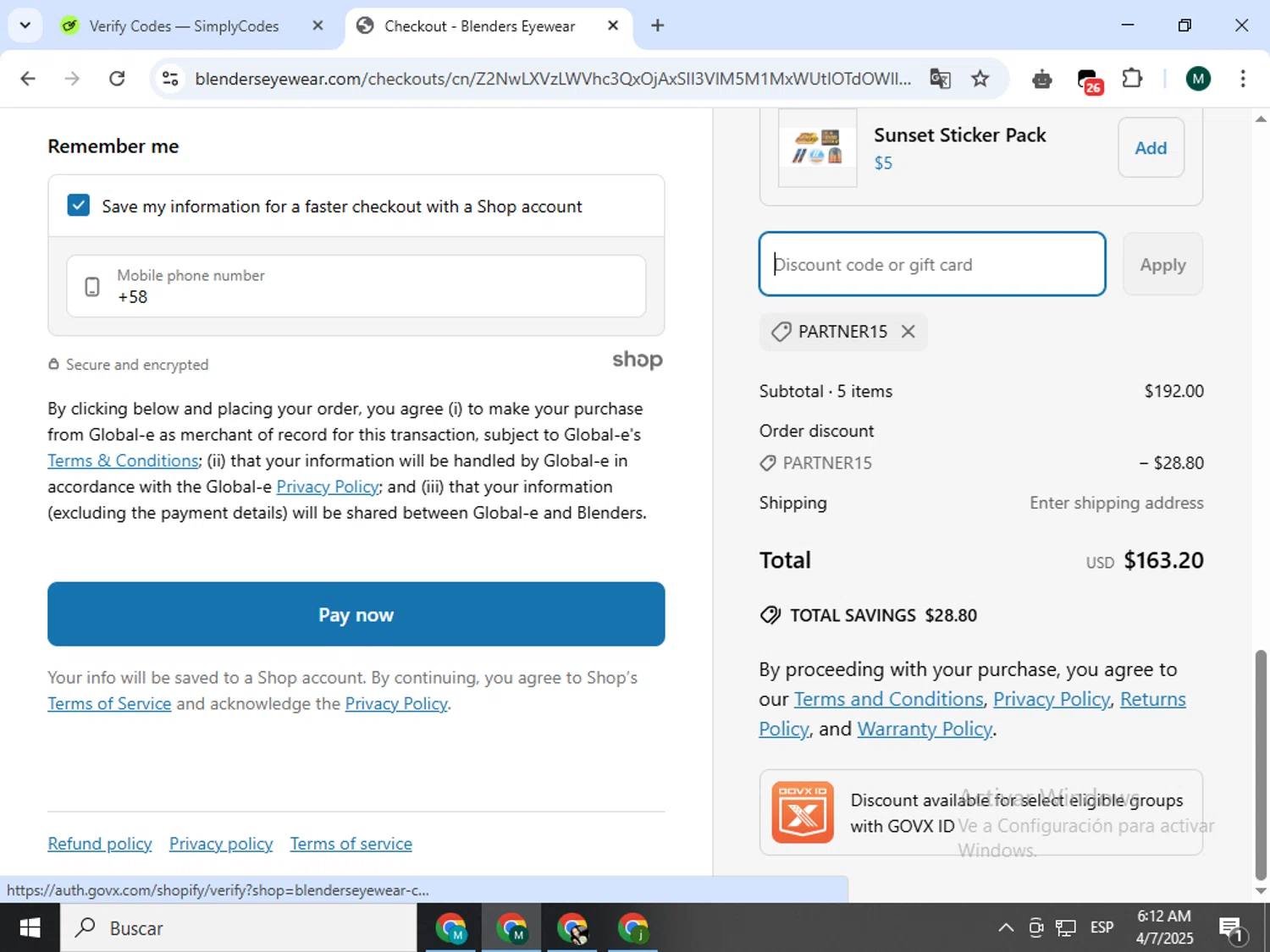 Blenders Eyewear discount code screenshot showing code PARTNER15 applied at Blenders Eyewear checkout page. Uploaded by SimplyCodes community member Jorgeluisvera on Apr 7, 2025