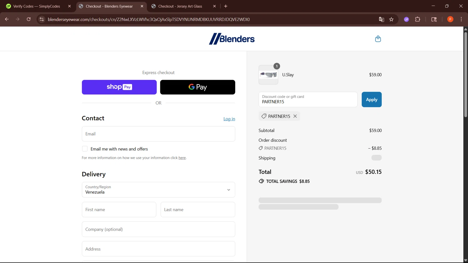 Blenders Eyewear discount code screenshot showing code PARTNER15 applied at Blenders Eyewear checkout page. Uploaded by SimplyCodes community member LegendaryPro3698 on Jul 10, 2025