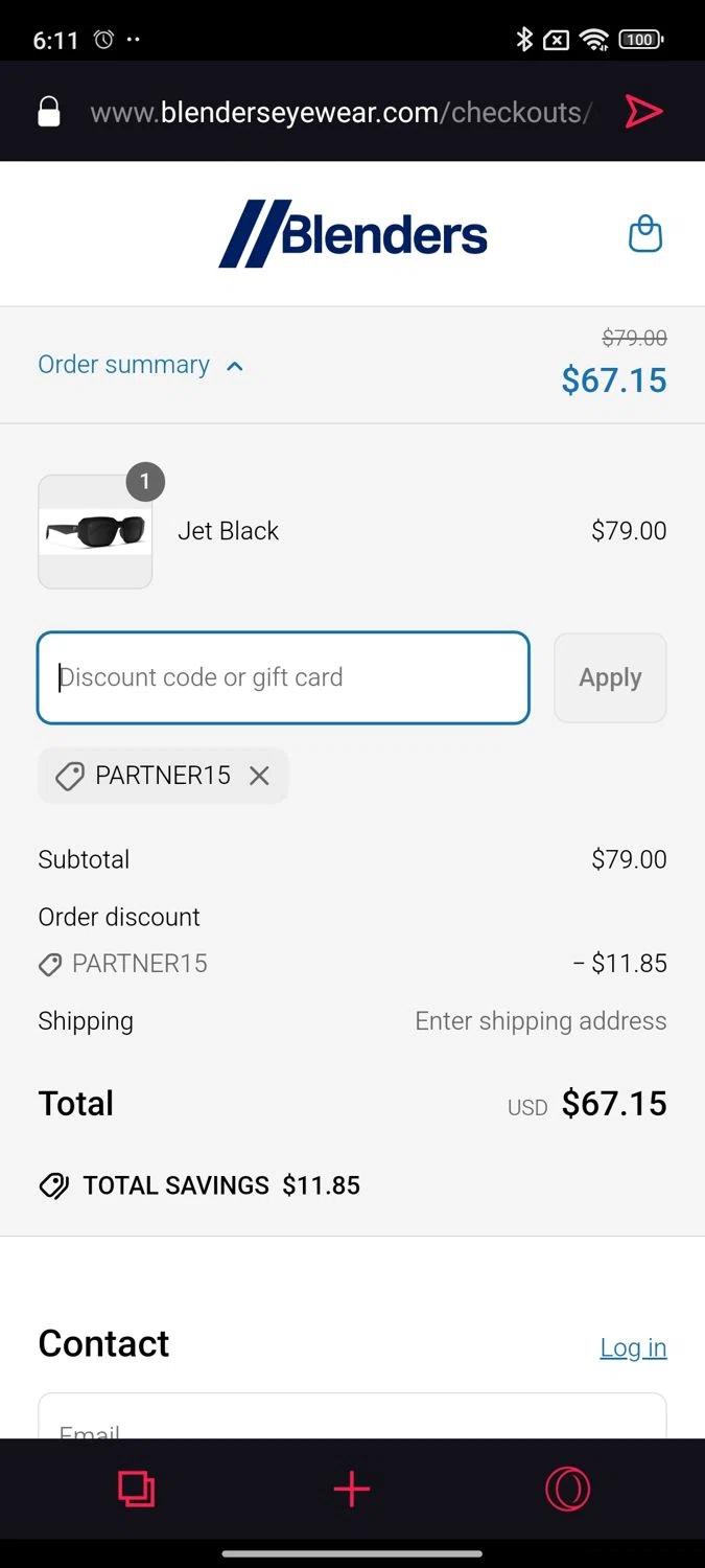 Blenders Eyewear discount code screenshot showing code PARTNER15 applied at Blenders Eyewear checkout page. Uploaded by SimplyCodes community member Mykeusername on Apr 7, 2025