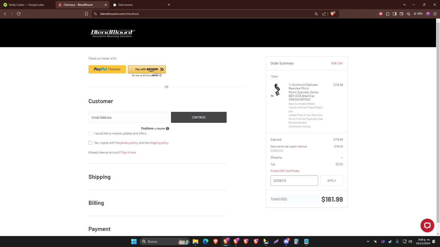 BlendMount checkout page showing BlendMount coupon code box | Screenshot taken by SimplyCodes community member on Dec 16, 2024