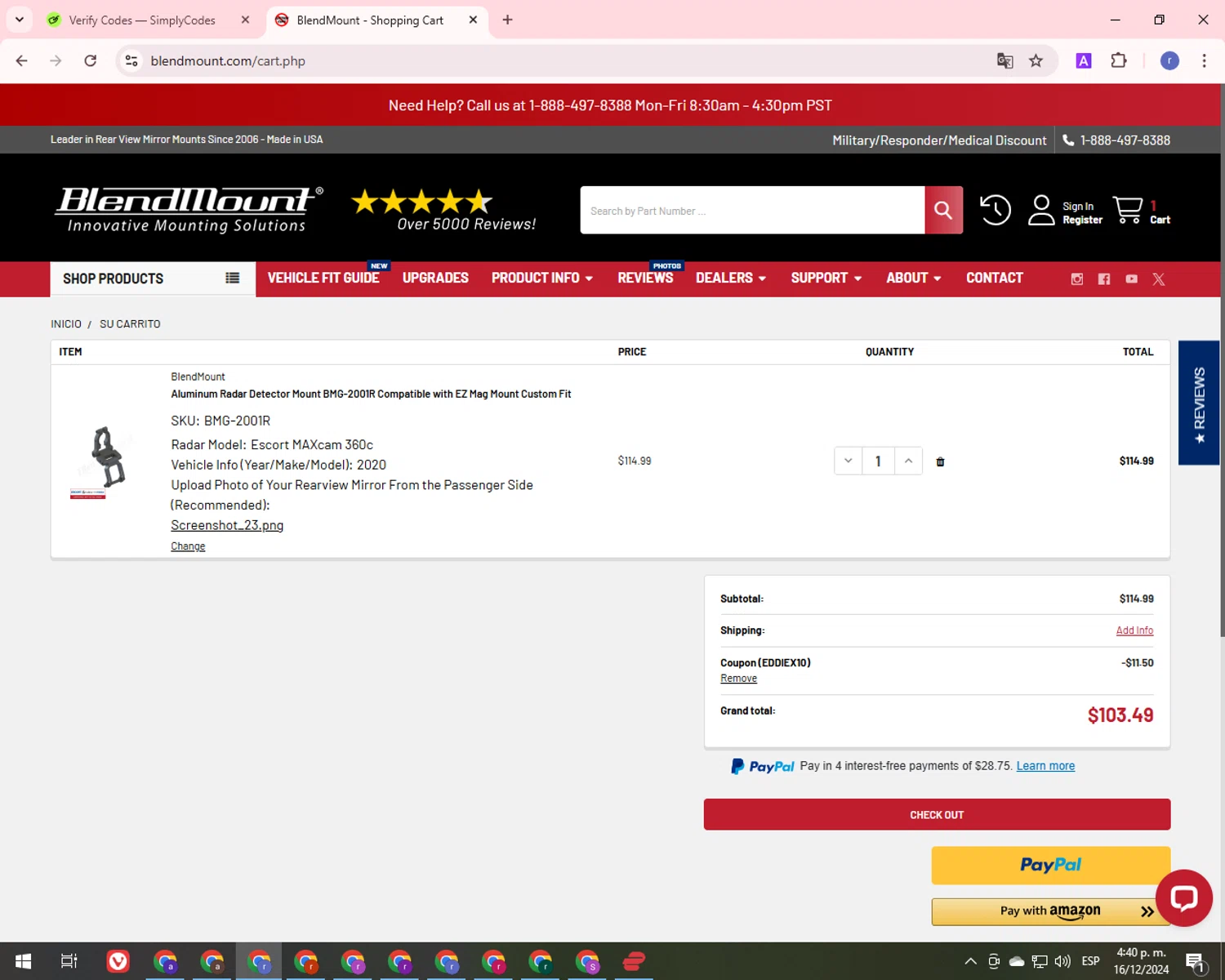 BlendMount checkout page showing BlendMount coupon code box | Screenshot taken by SimplyCodes community member on Dec 16, 2024