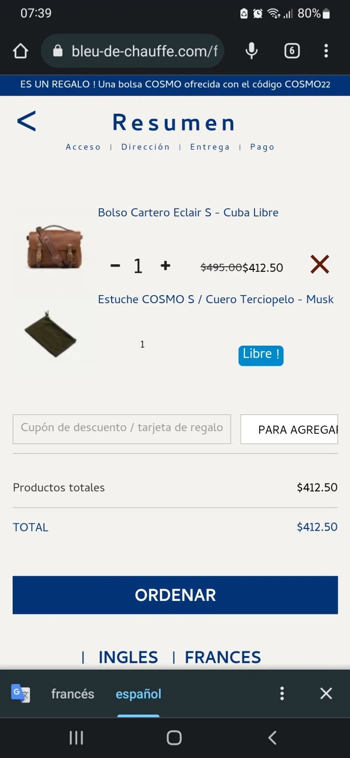 Bleu de Chauffe checkout page showing Bleu de Chauffe discount code box | Screenshot taken by SimplyCodes community member on Oct 12, 2022