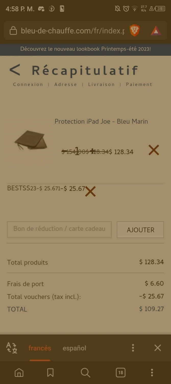 Bleu de Chauffe checkout page showing Bleu de Chauffe discount code box | Screenshot taken by SimplyCodes community member on May 9, 2023