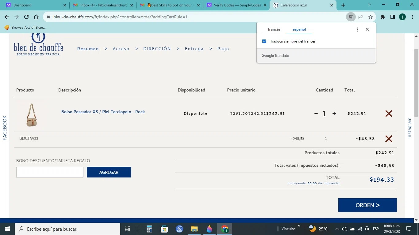 Bleu de Chauffe checkout page showing Bleu de Chauffe discount code box | Screenshot taken by SimplyCodes community member on Aug 29, 2023