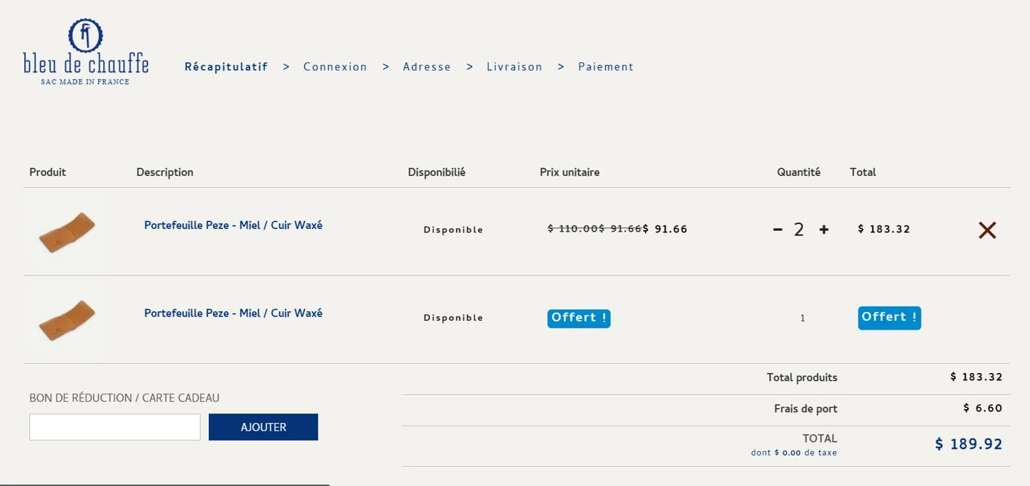 Bleu de Chauffe checkout page showing Bleu de Chauffe discount code box | Screenshot taken by SimplyCodes community member on Oct 7, 2023