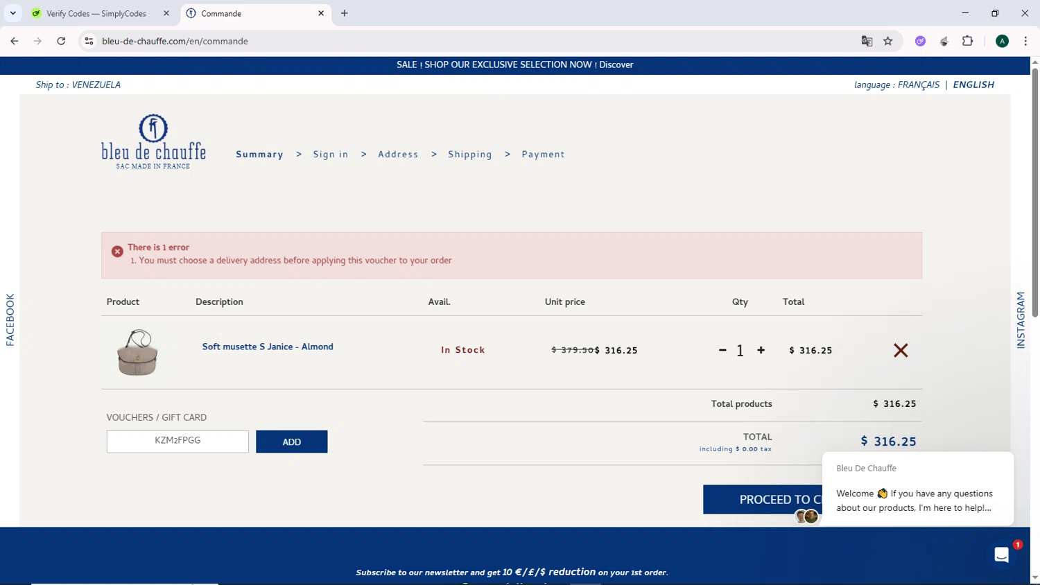 Bleu de Chauffe checkout page showing Bleu de Chauffe discount code box | Screenshot taken by SimplyCodes community member on Jul 4, 2025