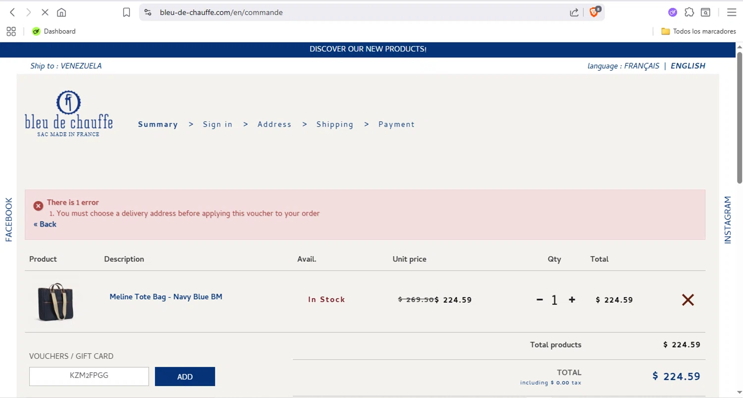 Bleu de Chauffe discount code screenshot showing code KZM2FPGG applied at Bleu de Chauffe checkout page. Uploaded by SimplyCodes community member Fabio05 on Sep 19, 2025