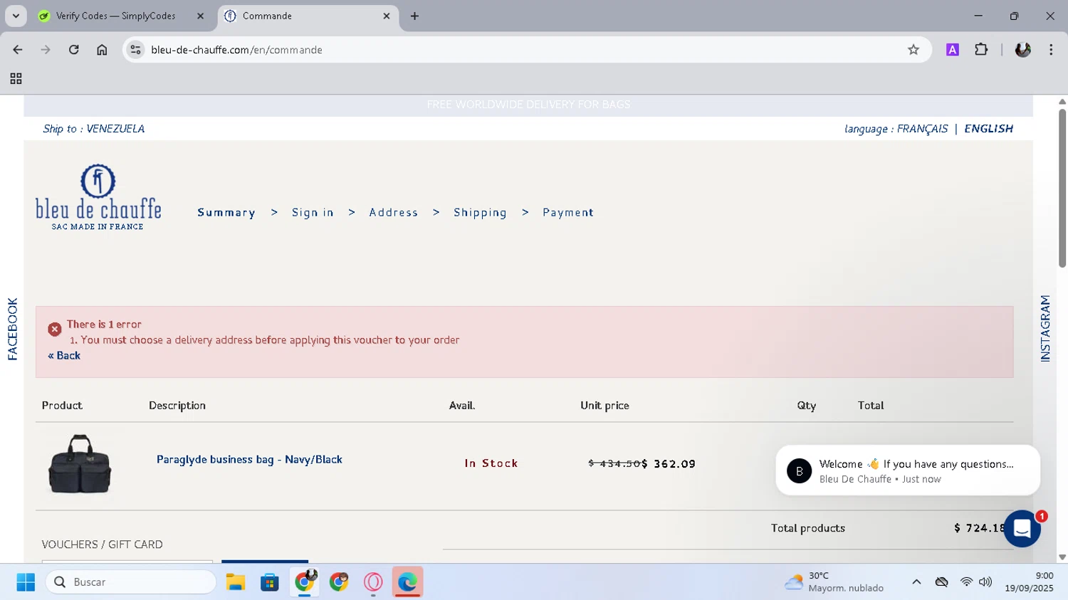 Bleu de Chauffe discount code screenshot showing code KZM2FPGG applied at Bleu de Chauffe checkout page. Uploaded by SimplyCodes community member SwiftPilot741 on Sep 19, 2025