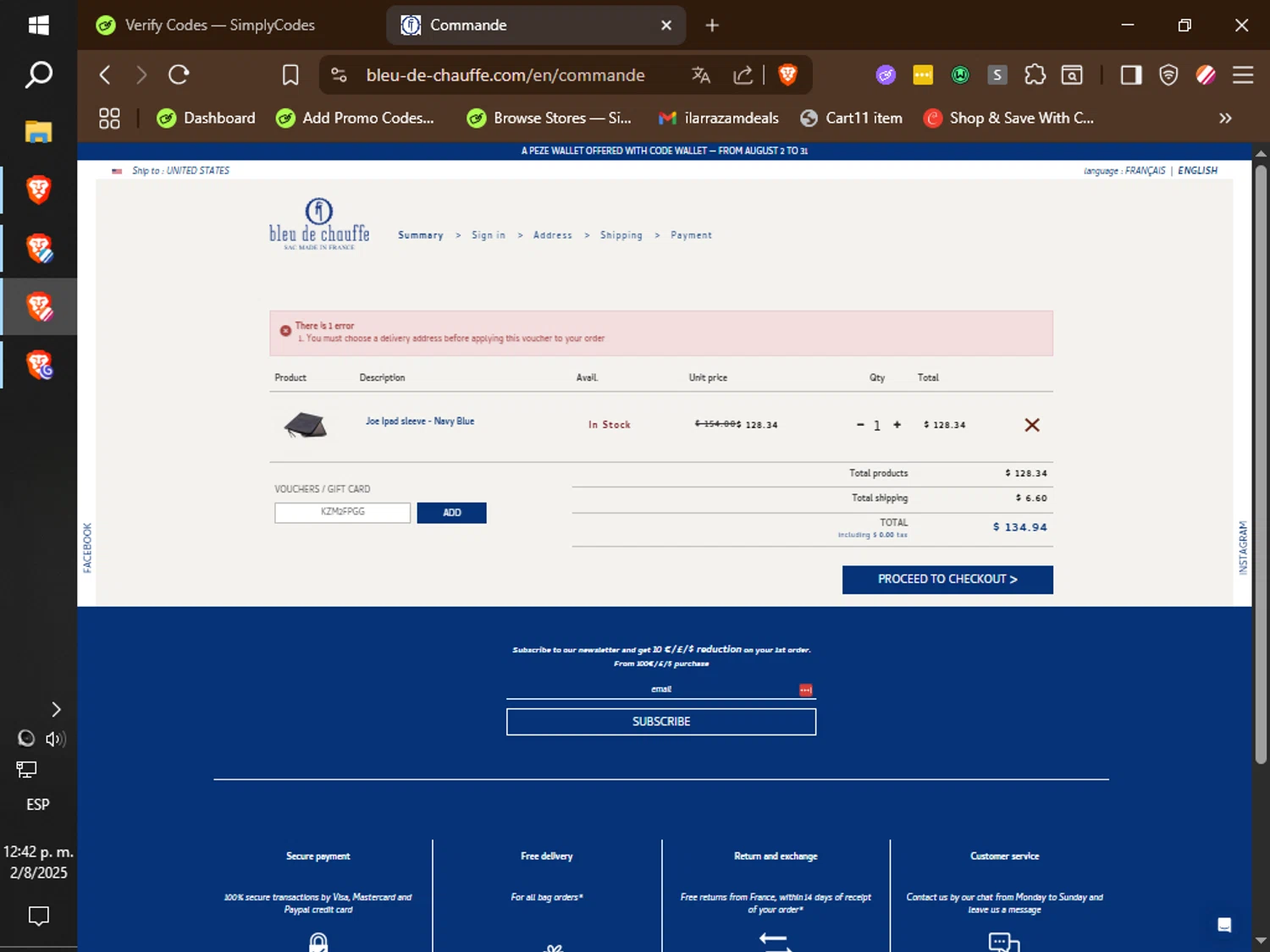Bleu de Chauffe checkout page showing Bleu de Chauffe discount code box | Screenshot taken by SimplyCodes community member on Aug 2, 2025