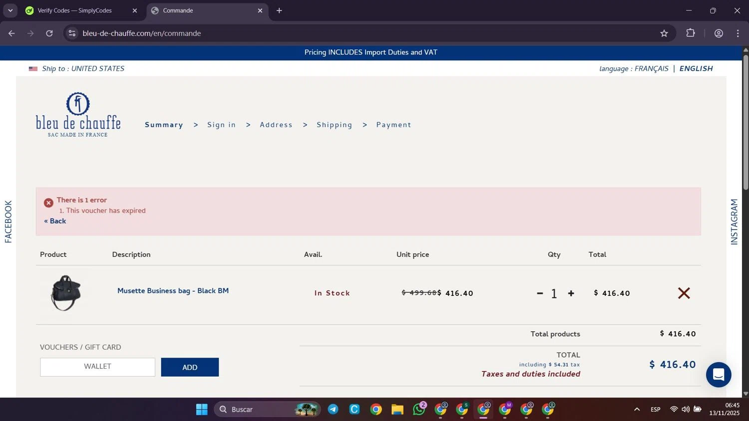 Bleu de Chauffe discount code screenshot showing code WALLET applied at Bleu de Chauffe checkout page. Uploaded by SimplyCodes community member Puppet on Nov 13, 2025