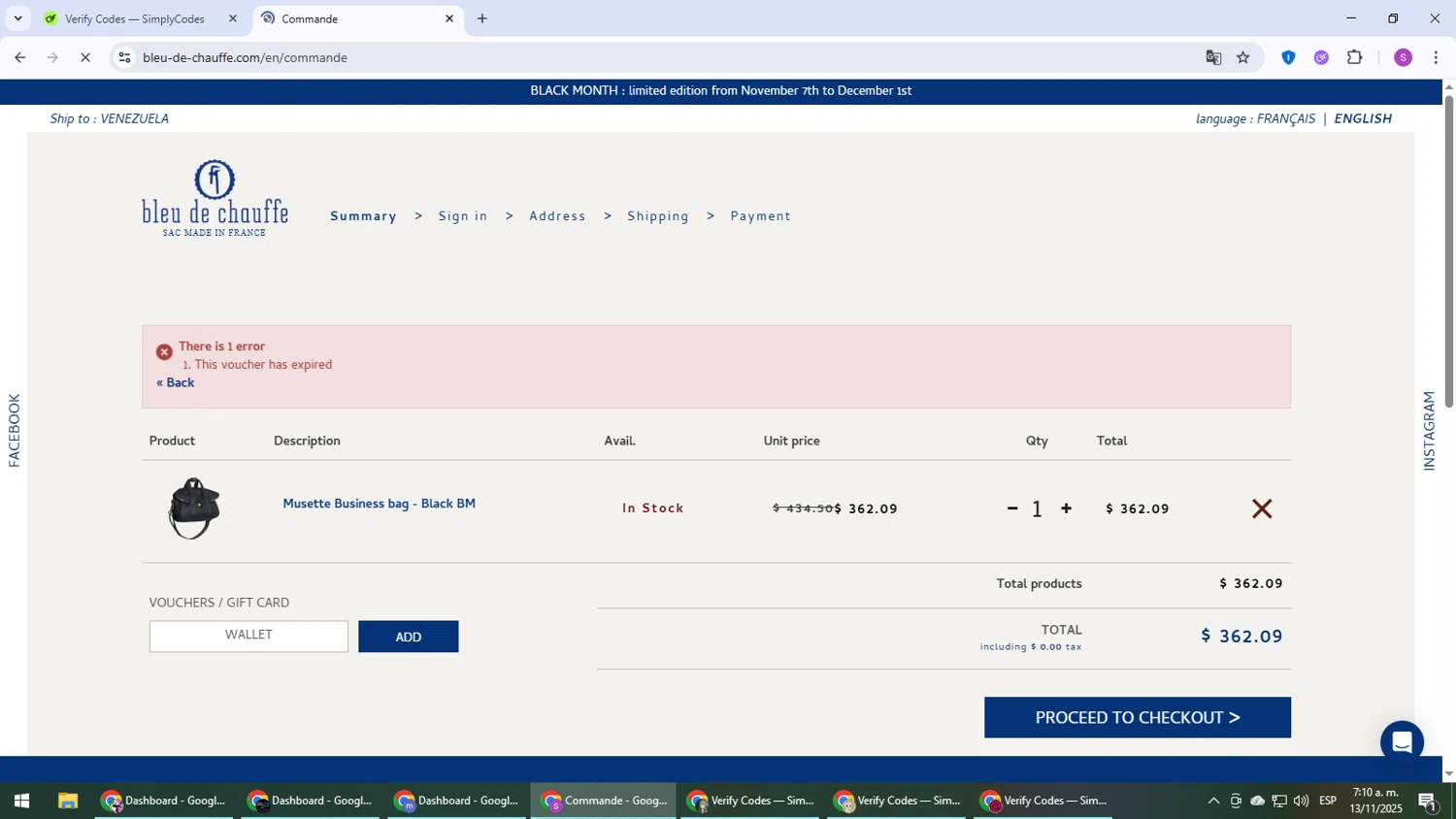 Bleu de Chauffe discount code screenshot showing code WALLET applied at Bleu de Chauffe checkout page. Uploaded by SimplyCodes community member Son_Goku on Nov 13, 2025