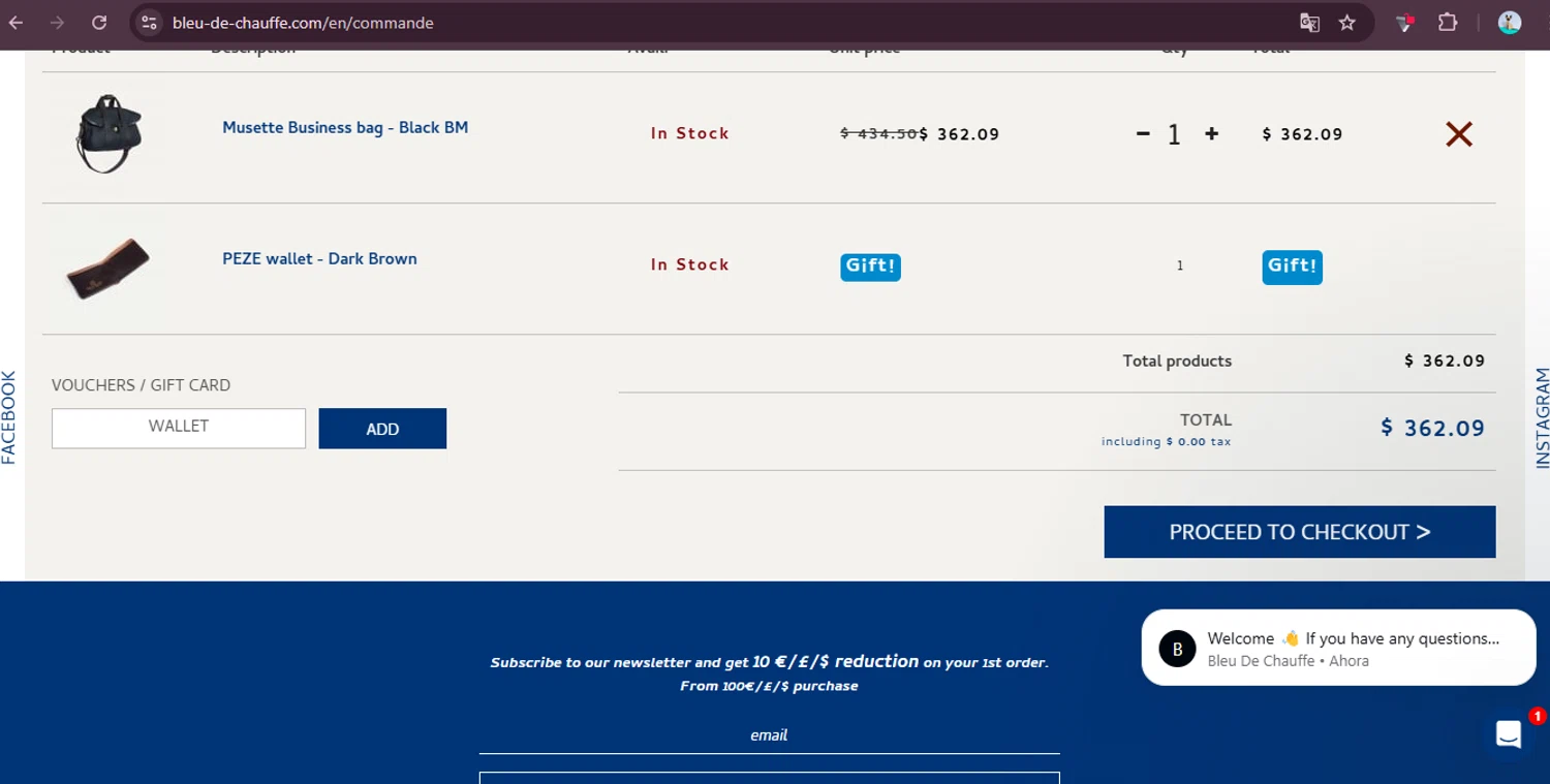 Bleu de Chauffe discount code screenshot showing code WALLET applied at Bleu de Chauffe checkout page. Uploaded by SimplyCodes community member elgatobravo on Oct 15, 2025