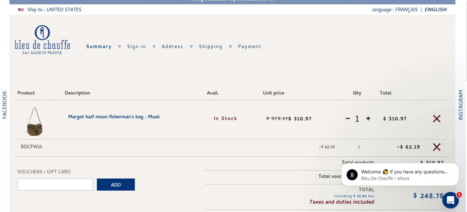 Bleu de Chauffe discount code screenshot showing code bdcfw25 applied at Bleu de Chauffe checkout page. Uploaded by SimplyCodes community member shark12 on Sep 10, 2025