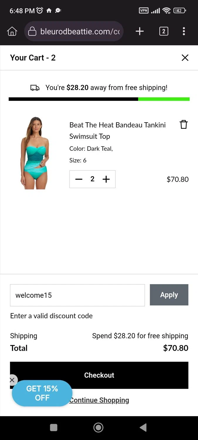 Bleu Rod Beattie promo code screenshot showing code welcome15 applied at Bleu Rod Beattie checkout page. Uploaded by SimplyCodes community member CrownLion2750 on Jun 24, 2025