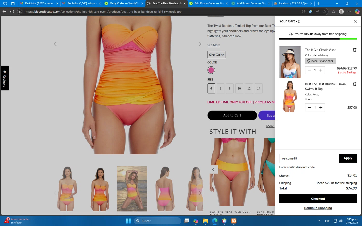Bleu Rod Beattie promo code screenshot showing code welcome15 applied at Bleu Rod Beattie checkout page. Uploaded by SimplyCodes community member Mdeoca on Jun 24, 2025
