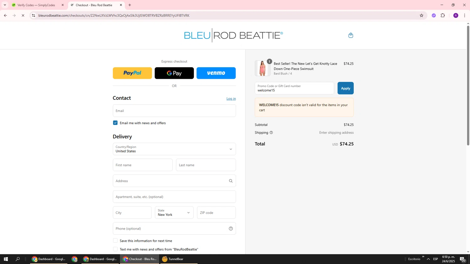 Bleu Rod Beattie promo code screenshot showing code welcome15 applied at Bleu Rod Beattie checkout page. Uploaded by SimplyCodes community member ukemochi on Jun 24, 2025